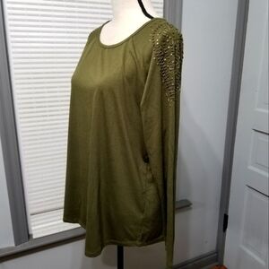 Lane Bryant Brass Beaded Embellished Shoulder Long Sleeve Tee - Olive